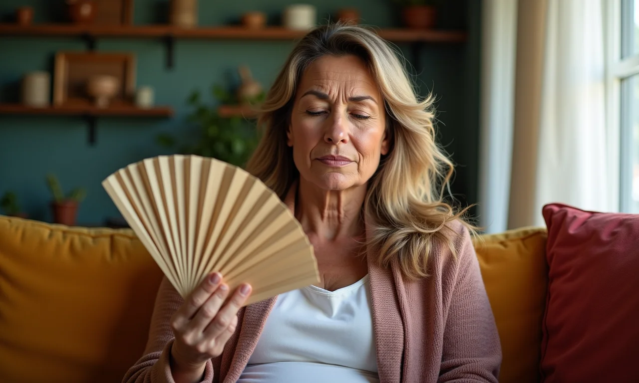 Mulher brasileira sentindo ondas de calor da menopausa precoce.