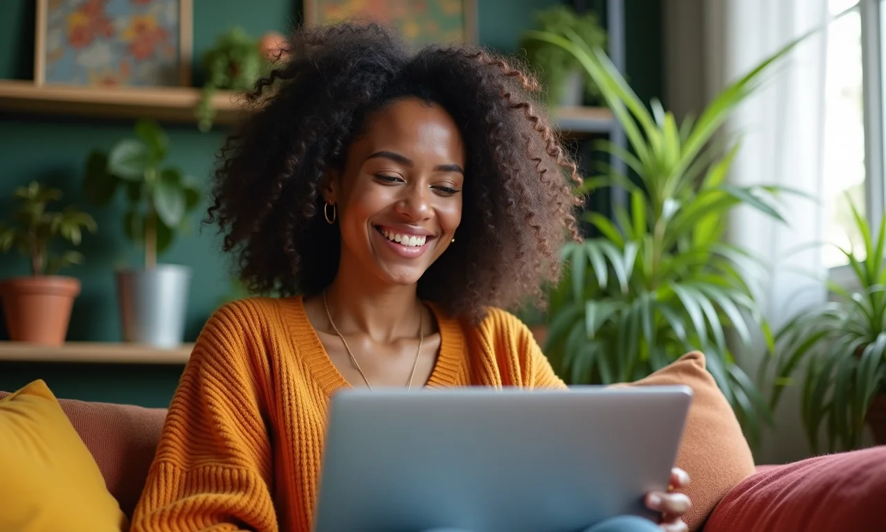 Mulher brasileira sorrindo ao receber consultoria de estilo online.