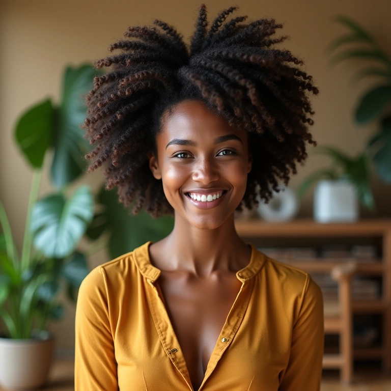 Mulher brasileira sorrindo com cabelo cacheado curto e fino, exibindo volume e definição natural.