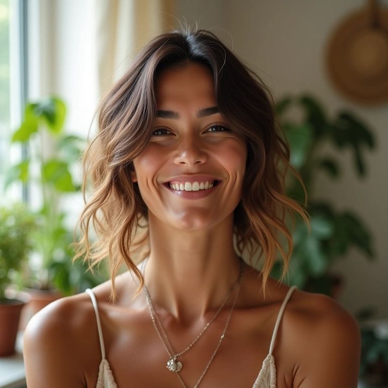 Mulher brasileira sorrindo com cabelo levemente amassado em quarto iluminado.