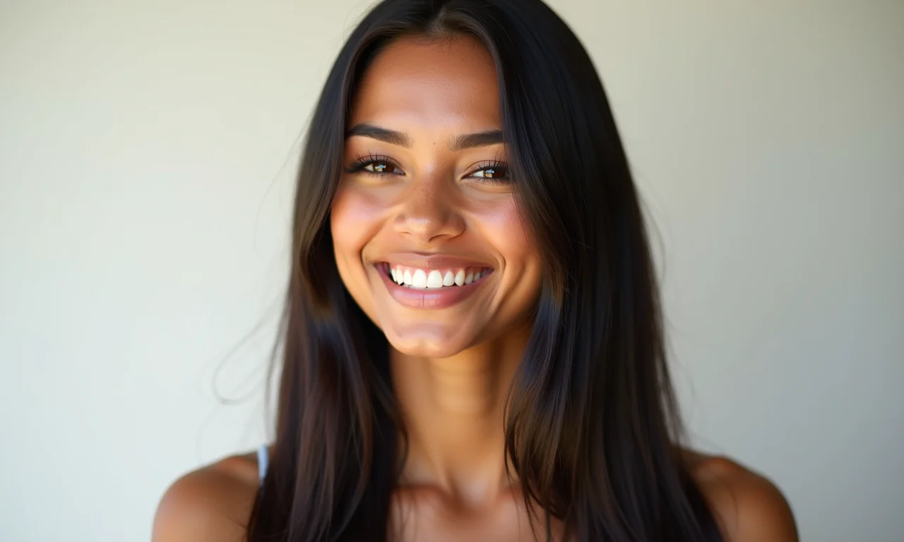 Mulher brasileira sorrindo com cabelo liso e bem cuidado, representando a beleza e versatilidade dos cabelos lisos.