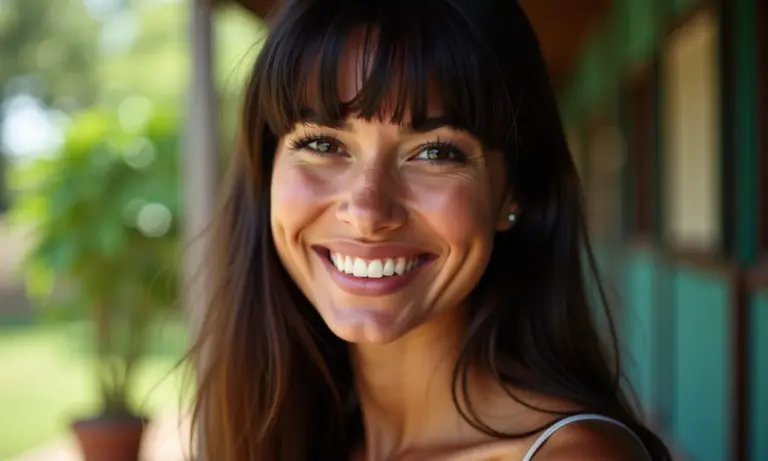Mulher brasileira sorrindo com franja cortina em cabelo liso.