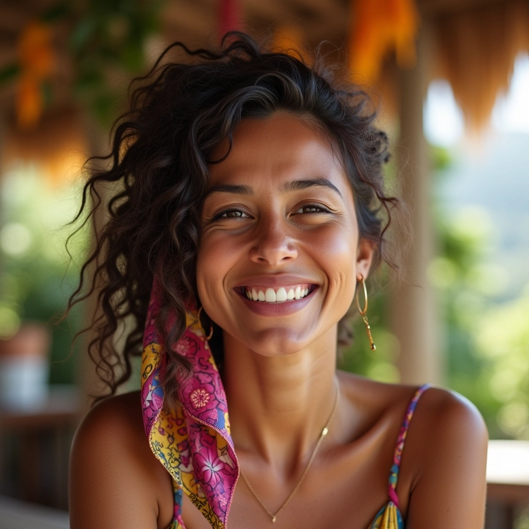 Mulher brasileira sorrindo com lenço estiloso no cabelo.