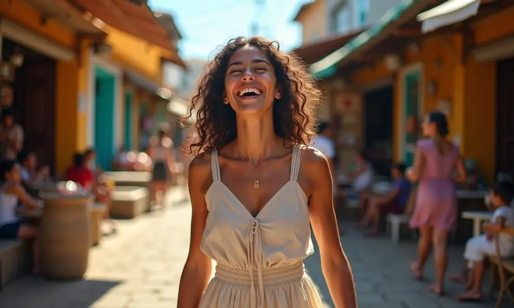Mulher brasileira sorrindo em um mercado, vestindo um vestido de linho leve e colorido.