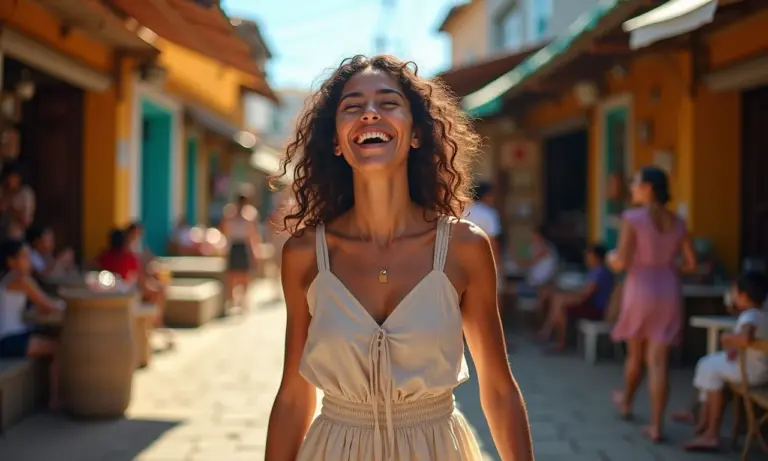 Mulher brasileira sorrindo em um mercado, vestindo um vestido de linho leve e colorido.