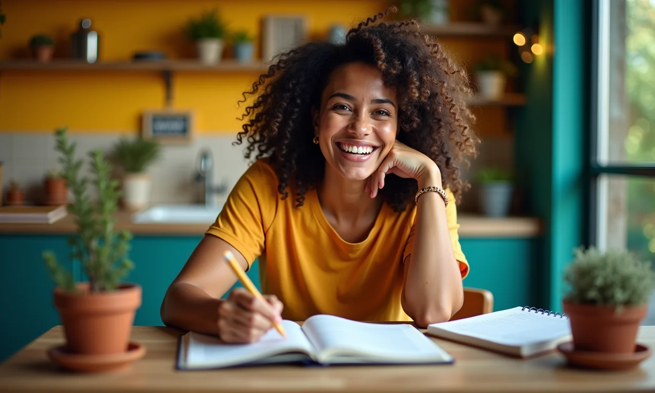 Mulher brasileira sorrindo enquanto escreve em um diário de gratidão.