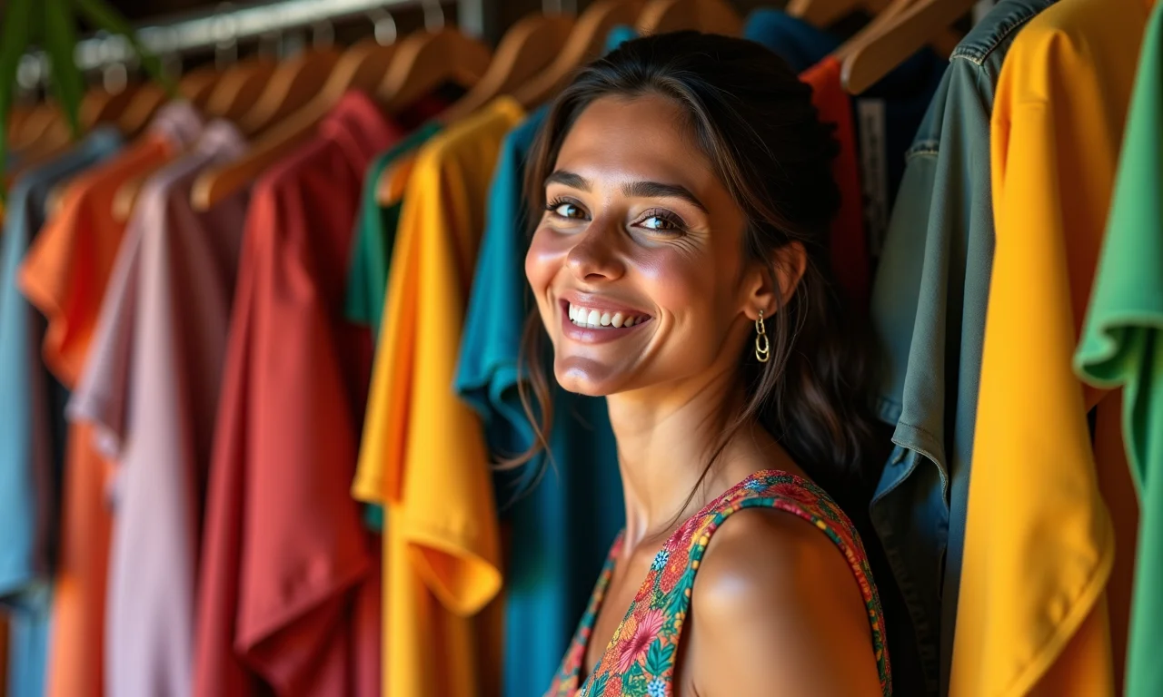 Mulher brasileira sorrindo, escolhendo roupas coloridas e combinadas do guarda-roupa.