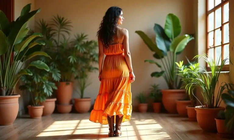 Mulher brasileira sorrindo, exibindo combinações de bota e vestido em estúdio ensolarado.