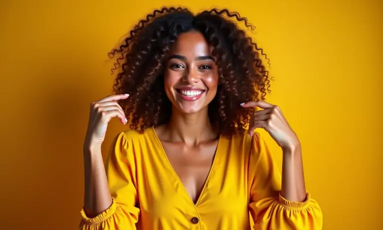 Mulher brasileira sorrindo, exibindo diversos estilos de mangas de blusa em um fundo colorido.