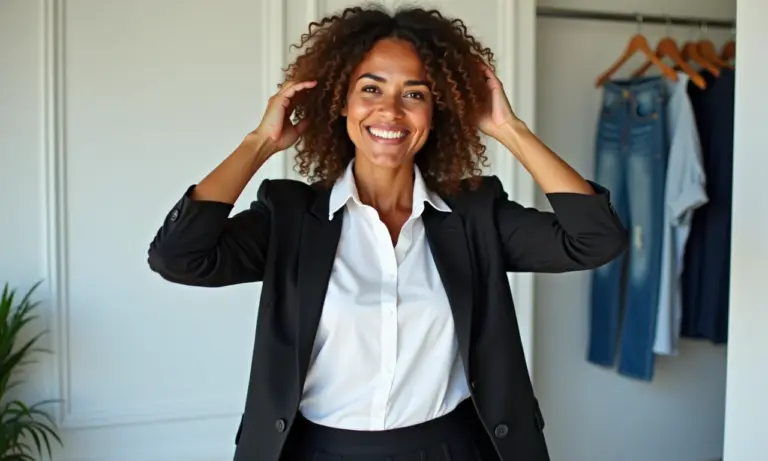 Mulher brasileira sorrindo, mostrando peças essenciais do guarda-roupa: jeans, camisa branca, blazer, vestido preto.