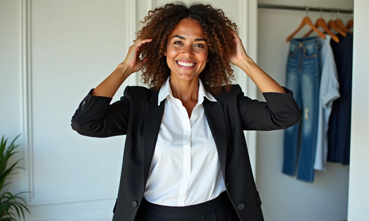 Mulher brasileira sorrindo, mostrando peças essenciais do guarda-roupa: jeans, camisa branca, blazer, vestido preto.