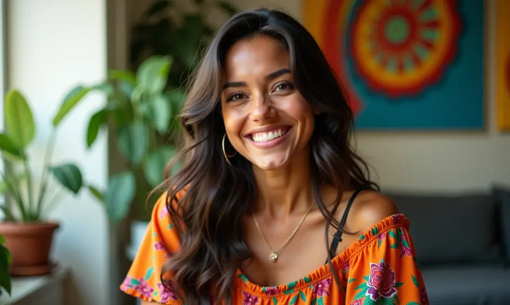 Mulher brasileira sorrindo, usando blusa ciganinha em apartamento ensolarado no Rio de Janeiro.