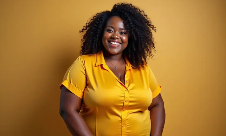 Mulher brasileira sorrindo, usando blusa que valoriza seus seios grandes sem aumentar o volume.