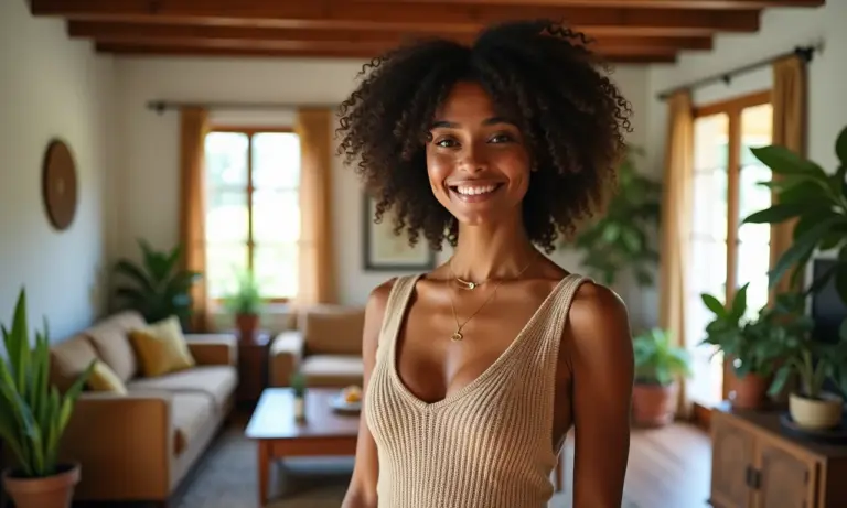 Mulher brasileira sorrindo, usando colete de tricot em sala decorada.