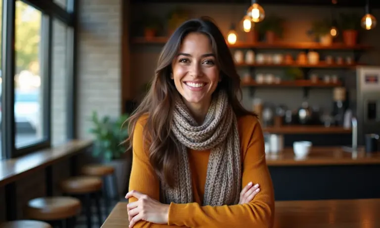 Mulher brasileira sorrindo usando look estiloso de outono com sobreposições, luz natural em café aconchegante.
