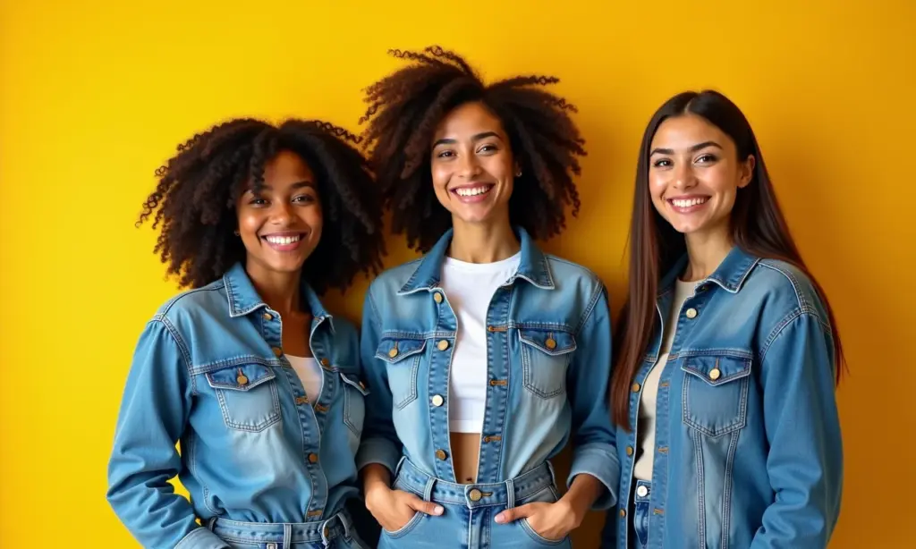 Mulher brasileira sorrindo, usando looks com jeans variados.