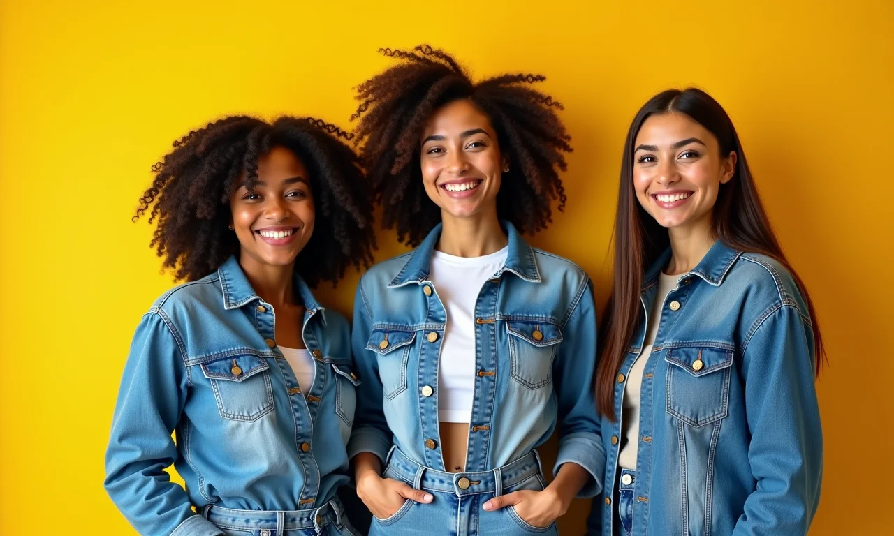 Mulher brasileira sorrindo, usando looks com jeans variados.