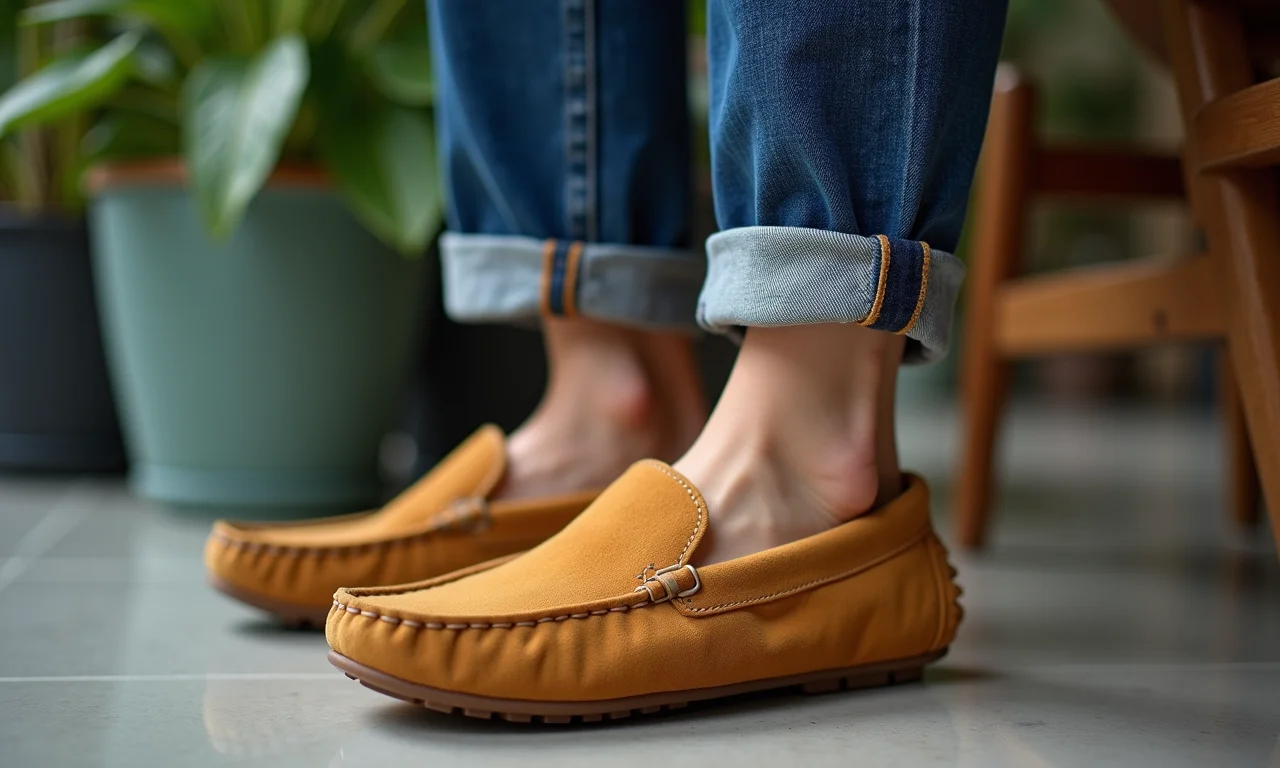Mulher brasileira sorrindo, usando mocassim com calça jeans e camiseta.
