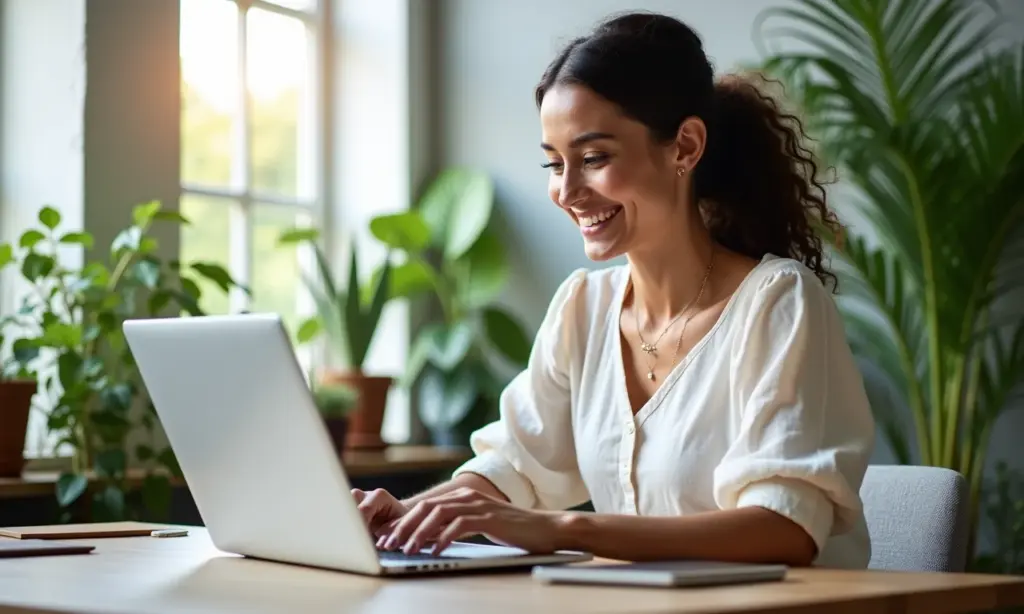 Looks Fresquinhos para o Trabalho no Verão: Dicas para Manter a Elegância no Calor Mulher brasileira sorrindo, vestindo um vestido leve de linho, trabalhando em um escritório arejado e cheio de plantas.