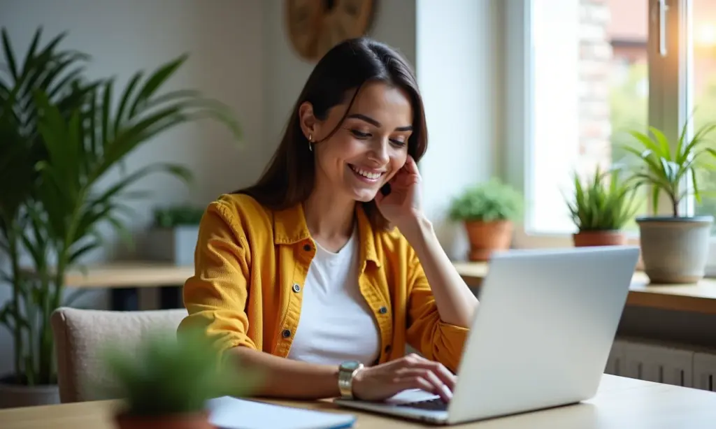 Mulher brasileira trabalhando em casa, vestindo roupas confortáveis e estilosas.