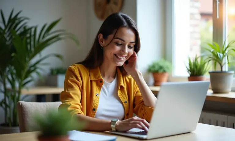 Mulher brasileira trabalhando em casa, vestindo roupas confortáveis e estilosas.