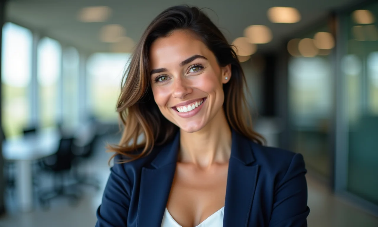 Mulher brasileira usando blazer azul marinho, transmitindo confiança em um ambiente de escritório.