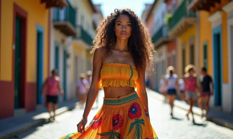 Mulher brasileira usando saia da nova coleção 2025 em cenário urbano.