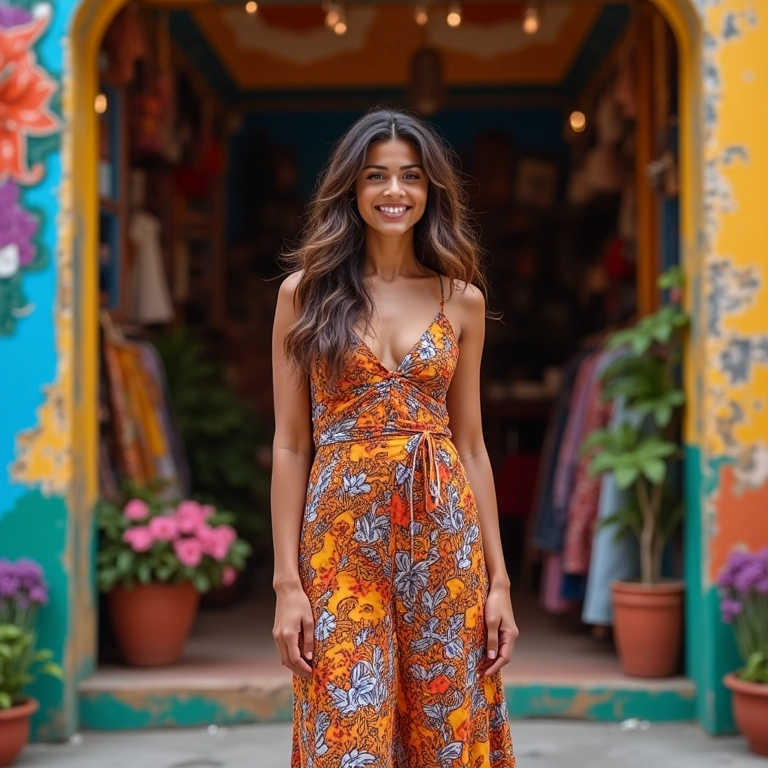 Mulher brasileira vestida para evento social em frente à loja colorida.