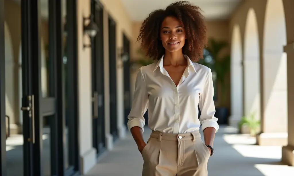 Mulher brasileira vestindo look esporte fino, calça de alfaiataria e blusa de seda.