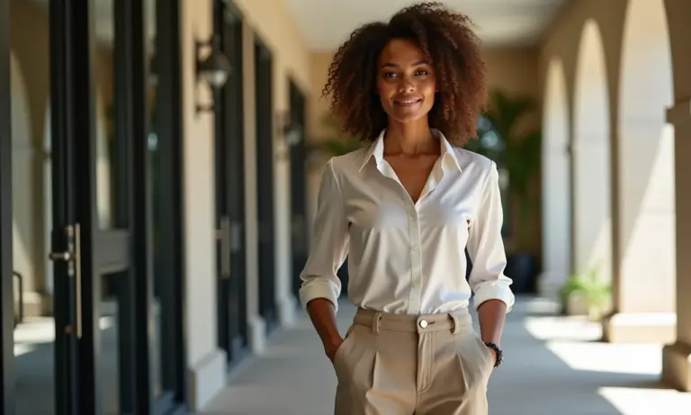 Mulher brasileira vestindo look esporte fino, calça de alfaiataria e blusa de seda.