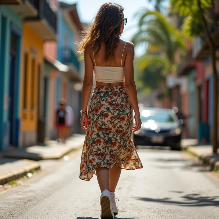Mulher brasileira vestindo saia midi e tênis em rua vibrante do Rio de Janeiro.