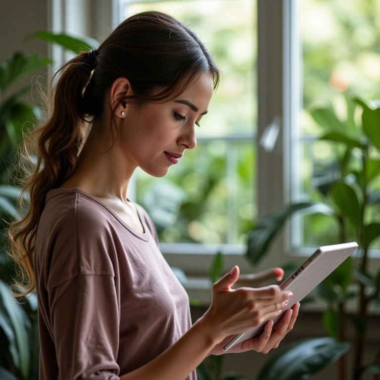 Mulher buscando inspiração online para combinar estampas.