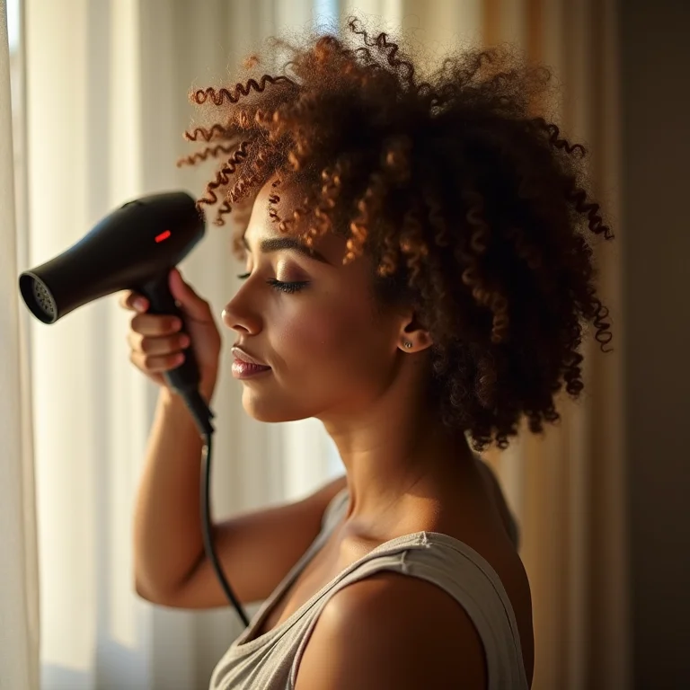 Mulher cacheada aplicando protetor térmico antes de secar o cabelo