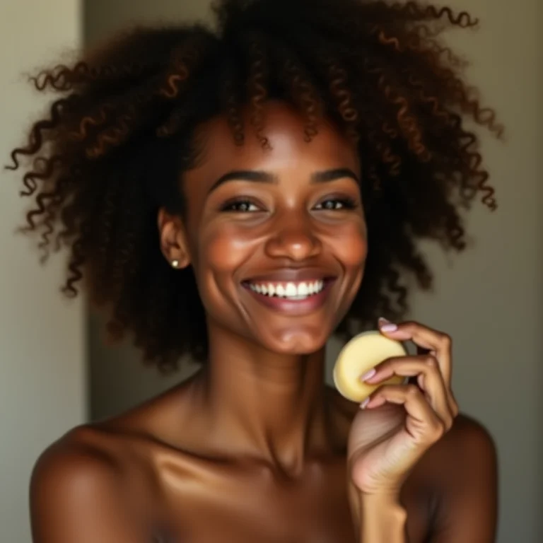 Mulher cacheada lavando os cabelos com shampoo sólido