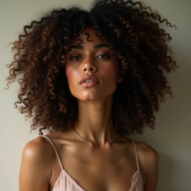 Mulher cacheada secando o cabelo com difusor de baixo para cima