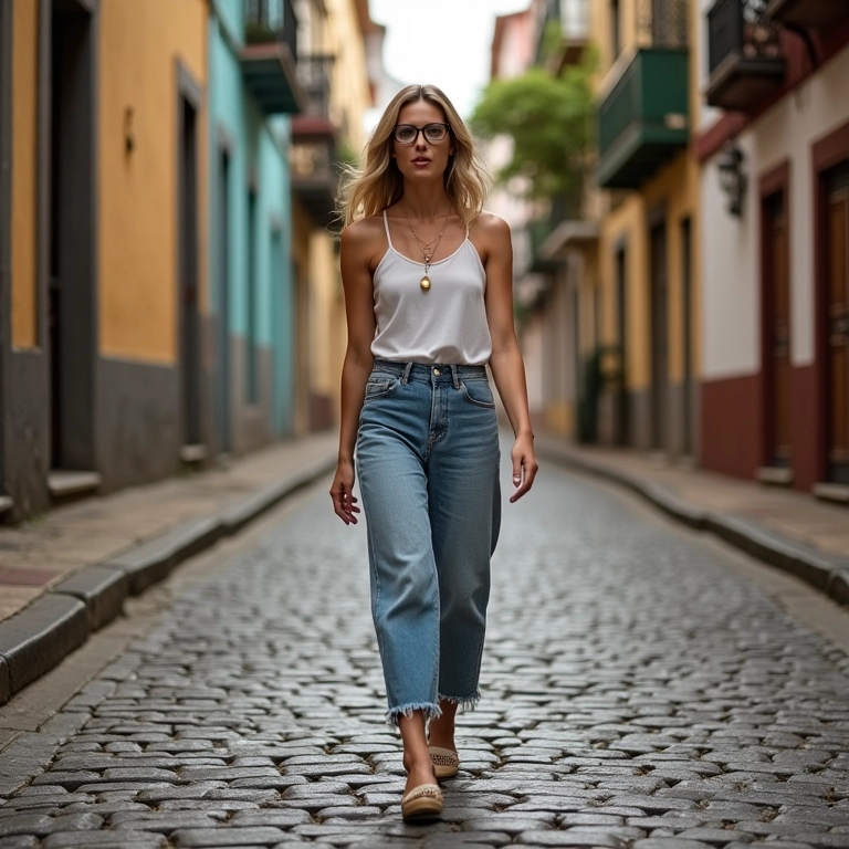 Mulher caminha em rua de paralelepípedos no Rio usando sapatilhas.