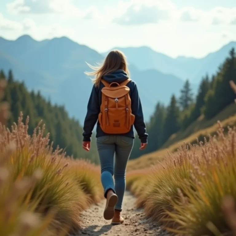 Mulher caminhando em trilha de montanha