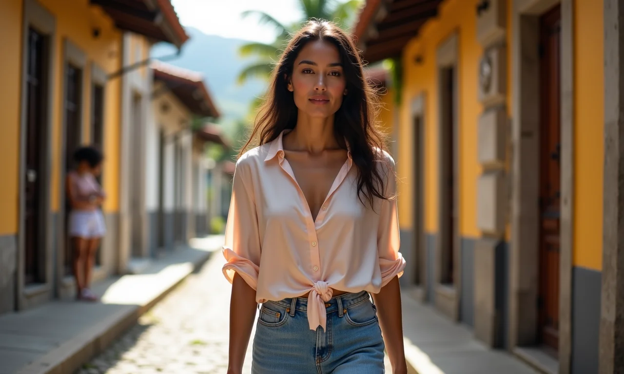 Mulher caminhando na rua com blusa de seda e jeans.
