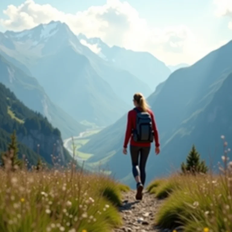 Mulher caminhando nos Alpes Suíços.