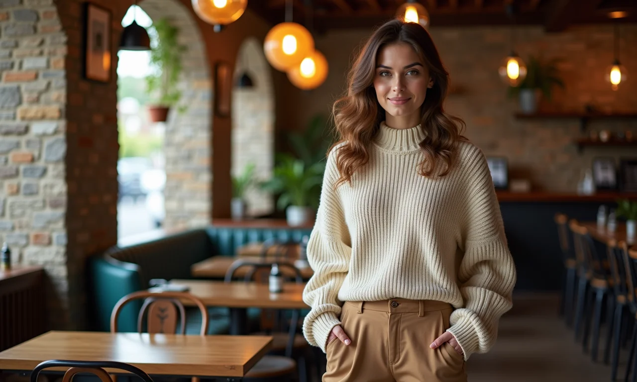 Mulher casual e chic com calça de alfaiataria e blusa de tricô em café brasileiro.