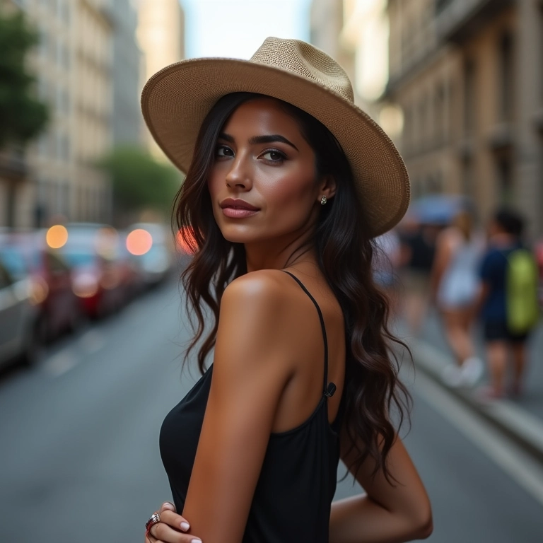 Mulher charmosa com chapéu Panamá em cenário urbano.