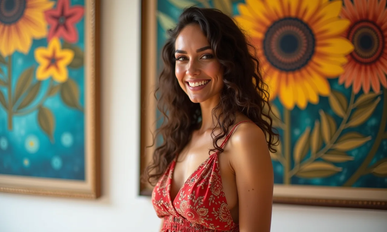 Mulher charmosa com vestido midi colorido em galeria de arte.