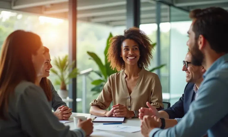 Mulher coach liderando reunião em escritório brasileiro moderno.