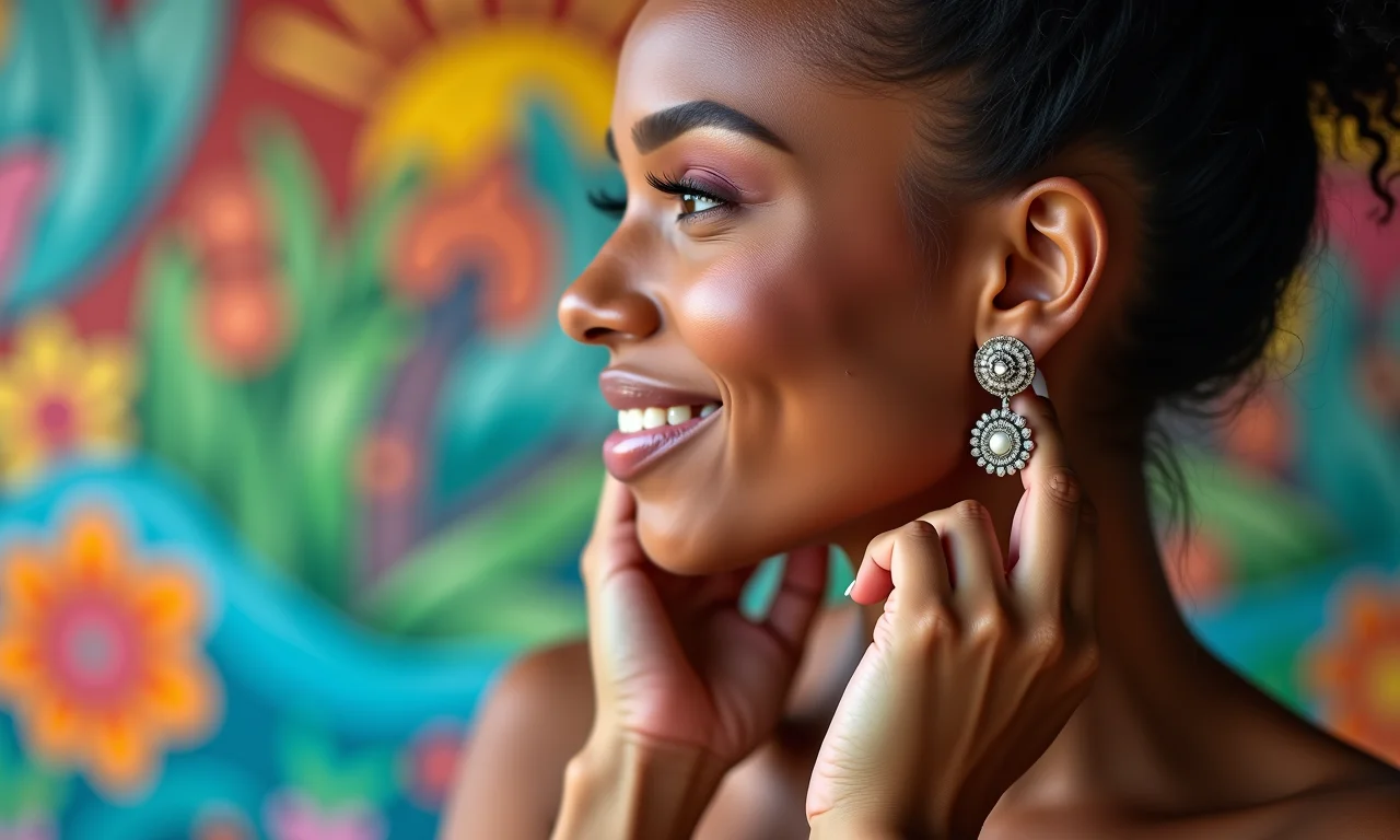 Mulher colocando brincos chamativos com um mural brasileiro vibrante ao fundo.