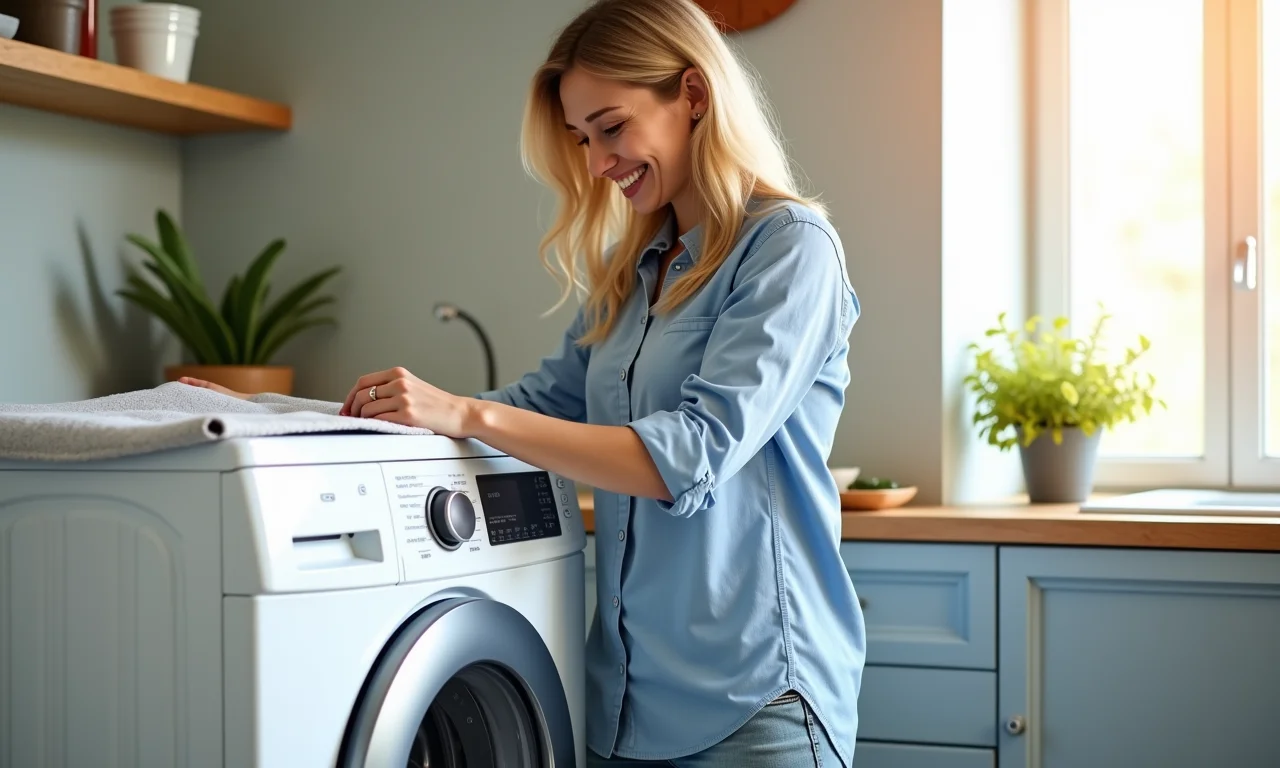 Mulher colocando capa impermeável em máquina de lavar.