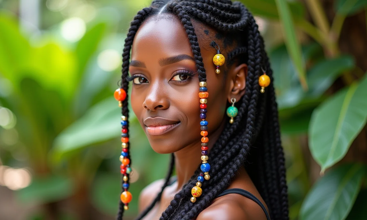 Mulher com acessórios de cabelo coloridos e tranças.