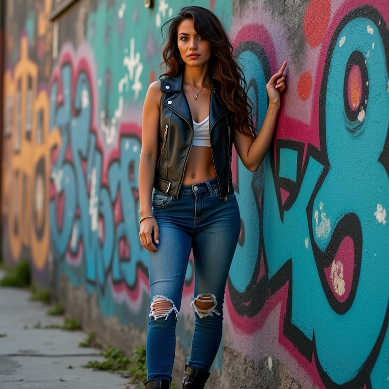 Mulher com atitude usando colete de couro em ambiente urbano.