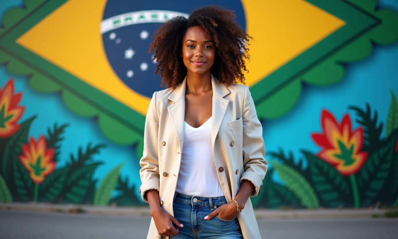 Mulher com blazer de linho e jeans em frente a um mural brasileiro colorido.