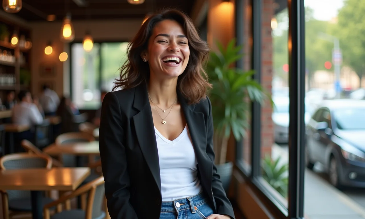 Mulher com blazer preto, jeans e camiseta em um café.
