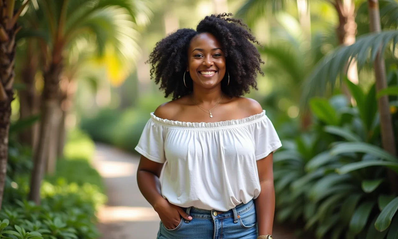 Mulher com blusa de laise e jeans em jardim botânico.